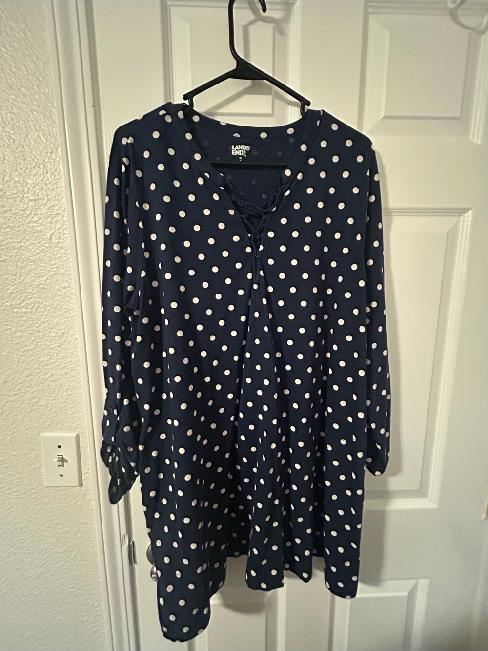Lands' End Navy and White Polka Dot Long Sleeve Dress